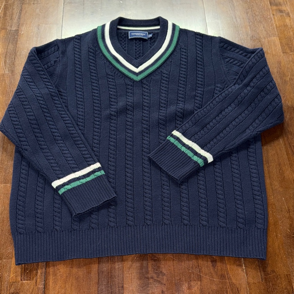 Vineyard Vines Navy V-Neck Cable Knit Collegiate Sweater